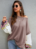 Pull en Maille Court à Col Décolleté avec Epaule Dénudée avec Manches Longues Volantes Bicolores Pull Femme
