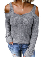 Pull en Maille Court Femme avec Bretelles avec Manches Longues avec Epaules Dénudées en Côtelés Unicolore Sexy