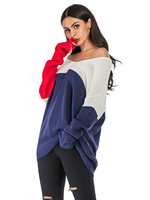 Pull en Maille Cousu Rouge Beige et Bleu Femme Hiver Côtelé à Col V avec Les Epaules Nues Chaud Pull en Maille Femme Hiver