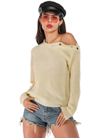 Pull en Maille Côtelé à Epaules Nues Fermetures avec Les Boutons Métals Silhouette Beiges Chaud Pull en Maille Femme Hiver