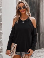 Pull en Maille Femme Courte à Col Rond avec Manches Longues avec Epaule Dénudée Uncolore Pull Femme