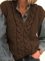Pull en Maille Femme Gilet Hiver à Col V sans Manches Unicolore Côtelé Pull en Maille Femme Hiver