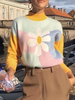 Pull en Maille Femme Hiver à Col Montant avec Manches Longues en Côtelé Imprimé avec Les Fleurs Pull en Maille Femme Hiver
