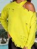 Pull en Maille Femme Hiver à Col Rond avec Manches Longues Epaules Nus Creusants avec Franges Unicolore Côtelé Pull en Maille Femme Hiver
