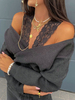 Pull en Maille Femme Hiver à Col V avec Epaules Nus avec Manches Longues Dentelles Unicolore Pull en Maille Femme Hiver