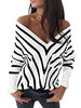 Pull en Maille Femme Hiver à Col V avec Epaules Nus avec Manches Longues Imprimé Les Rayures Bicolores Pull en Maille Femme Hiver