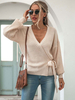 Pull en Maille Femme Hiver à Col V avec Manches Longues Amples Coupe Cintrée à Lacets Unicolore