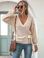 Pull en Maille Femme Hiver à Col V avec Manches Longues Amples Coupe Cintrée à Lacets Unicolore