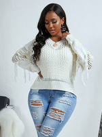 Pull en Maille Femme Hiver à Col V avec Manches Longues avec Les Franges Creusants Unicolore Pull en Maille Femme Hiver