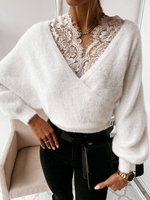 Pull en Maille Femme Hiver à Col V avec Manches Longues Cousu Les Dentelles Pull en Maille Femme Hiver