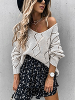 Pull en Maille Femme Hiver à Col V avec Manches Longues Epaules Nus en Côtelé Creusants Pull en Maille Femme Hiver