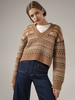 Pull en Maille Femme Hiver à Col V Court Imprimé avec Les Rayures Décontracté Marron Pull en Maille Femme Hiver