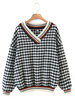 Pull en Maille Femme Hiver à Col V en Rayures Court Imprimé Les Carreaux Décontracté Pull en Maille Femme Hiver