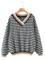 Pull en Maille Femme Hiver à Col V en Rayures Court Imprimé Les Carreaux Décontracté Pull en Maille Femme Hiver