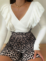 Pull en Maille Femme Hiver à Col V Volants avec Manches Longues Unicolore Pull en Maille Femme Hiver