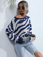 Pull en Maille Femme Hiver à Epaules Nues avec Les Rayures Bleu et Blanc Marin Chaud Pull en Maille Femme Hiver