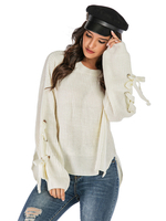 Pull en Maille Femme Hiver Côtelé avec Manches Amples à Lacets avec Nœud à Deux Boubles à Col Rond Pull en Maille Femme Hiver