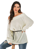 Pull en Maille Femme Hiver Côtelé Long Beige Ceinturé Silhouette avec Epaules Nues Chaud Pull en Maille Femme Hiver