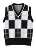 Pull en Maille Gilet Femme Hiver à Col V Court Imprimé Les Carreaux Sans Manches Bicolores Noir et Blanc Pull en Maille Femme Hiver