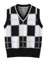 Pull en Maille Gilet Femme Hiver à Col V Court Imprimé Les Carreaux Sans Manches Bicolores Noir et Blanc Pull en Maille Femme Hiver