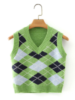 Pull en Maille Gilet Femme Hiver à Col V Court Imprimé Les Carreaux Sans Manches Pull en Maille Femme Hiver