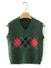 Pull en Maille Gilet Femme Hiver à Col V Court Imprimé Les Carreaux Sans Manches Vert Foncé Pull en Maille Femme Hiver