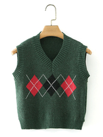 Pull en Maille Gilet Femme Hiver à Col V Court Imprimé Les Carreaux Sans Manches Vert Foncé Pull en Maille Femme Hiver