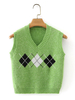 Pull en Maille Gilet Femme Hiver à Col V Court Imprimé Les Carreaux Sans Manches Vert Pull en Maille Femme Hiver