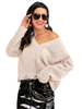 Pull en Maille Imprimé à Pois avec les Franges Femme Hiver Côtelé Beige à Col V Taille Haute Chaud Pull en Maille Femme Hiver