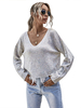 Pull en Maille Imprimé à Pois avec les Franges Femme Hiver Côtelé Blanc à Col V Taille Haute Chaud Pull en Maille Femme Hiver