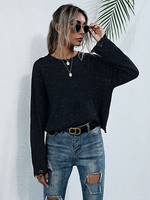 Pull en Maille Imprimé à Pois avec les Franges Femme Hiver Côtelé Noir à Col V Taille Haute Chaud Pull en Maille Femme Hiver