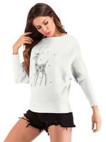 Pull en Maille Imprimé Le Cerf Femme Hiver Côtelé à Col Rond Chaud Pull en Maille Femme Hiver
