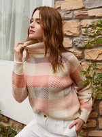 Pull en Mailles Femmes Hiver Carreaux Court à Col Montant avec Manches Longues Pull en Mailles