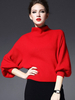 Pull Femme Col Roulé Pull Rouge Noir Tricot Manches 3/4