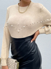 Pull Femme en Côtelé Court à Col Rond Broderies avec Manches Longues Unicolore Pull Femme
