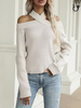 Pull Femme en Côtelé Court à Col V avec Epaule Dénudée avec Manches Longues Unicolore
