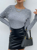 Pull Femme en Côtelé Court Broderie à Col Rond avec Manches Longues Unicolore Pull Femme