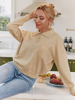Pull Femme en Côtelé Court Femme à Col Revers avec Manches Longues Unicolore Pull Femme