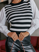 Pull Femme en Côtelé Court Imprimé à Col Rond avec Manches Longues Bicolores