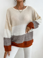 Pull Femme en Côtelé Imprimé à Col Rond avec Manches Longues Tricolores Pull Femme