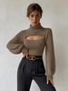 Pull Femme Kaki Col Rabattu Manches Longues Chandail En Polyester Extensible