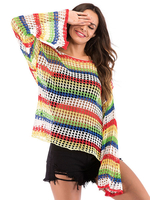 Pull femme pull découpé bloc de couleur col bijou manches longues manches évasées pulls en acrylique