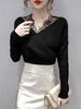 Pull Femme Pull En Dentelle Noire Col En V Manches Longues Polyester Pulls Chemise