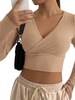 Pull Femme Taille Haute à Col V avec Manches Longues Coupe Cintrée Unicolore
