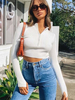 Pull Femme Taille Haute en Côtelé à Col Montant à Zip avec Manches Longues Unicolore Pull Femme