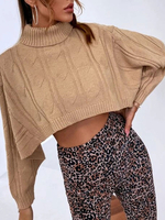 Pull Femme Taille Haute en Côtelé à Col Montant avec Manches Longues Unicolore