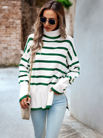 Pull Femmes Vert Fendu Rayures Col Haut Manches Longues Chandails