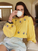 Pull Imprimé Court Décontracté Femme à Col Rond Imprimé avec Manches Longues Bicolores Pull Femme