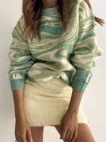 Pull Imprimé Court Femme à Col Rond avec Manches Longues Bicolores Pull Femme
