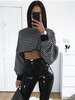 Pull Imprimé Taille Haute à Col Rond avec Manches Longues Bicolores Pull Femme